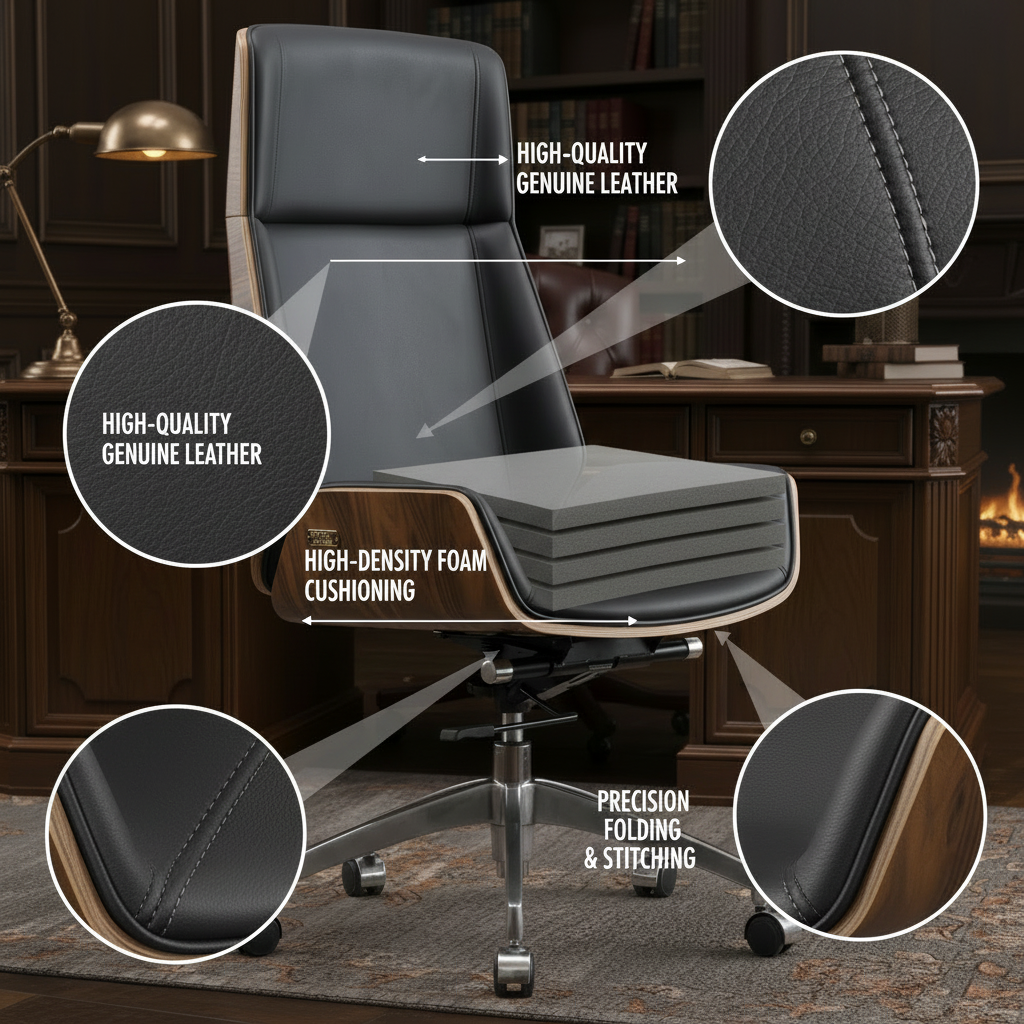 Office Luxury Executive Swivel Chair High Back Genuine Leather Adjustable Height