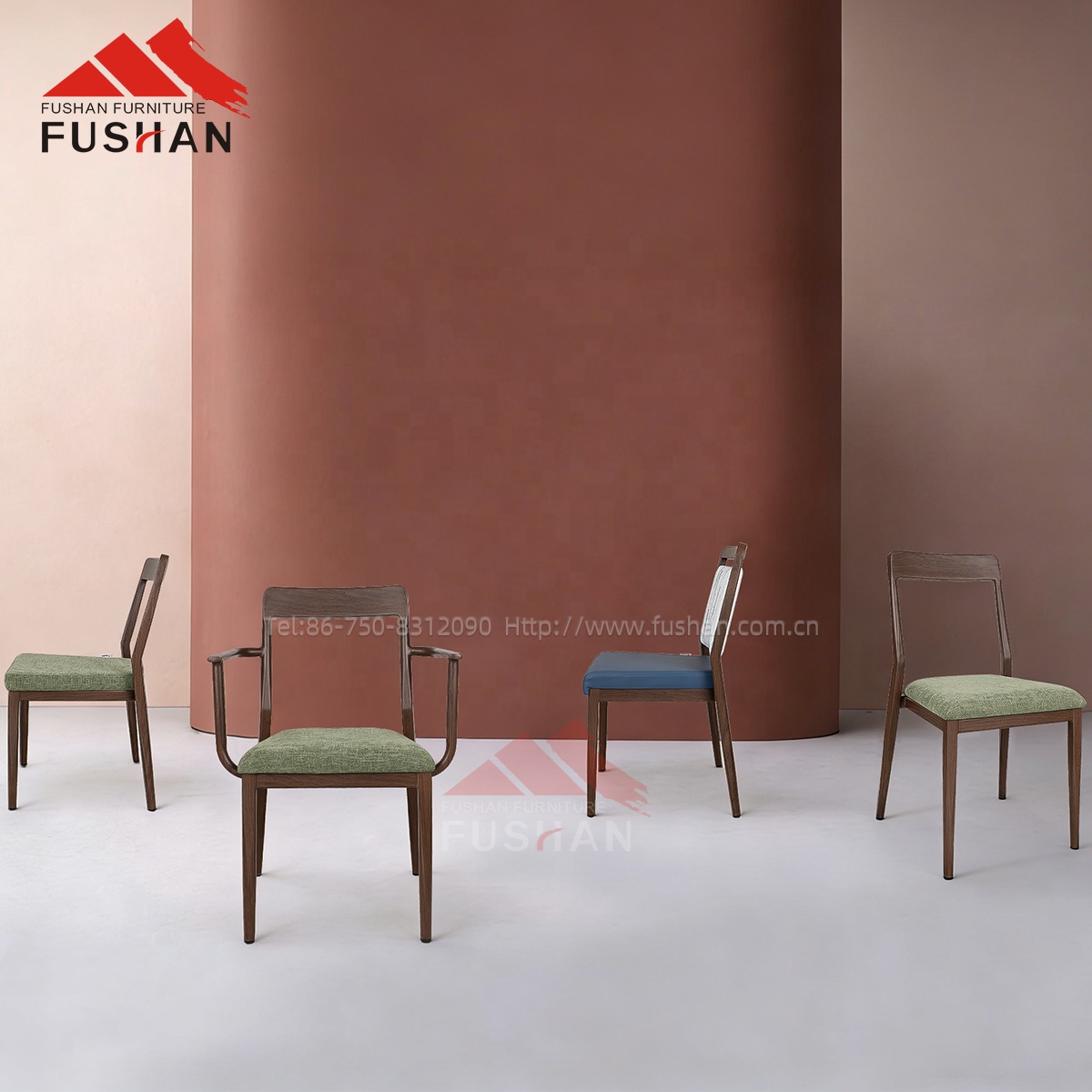 Wholesale Wood Look Metal Restaurant Table and Chair Set Nordic Fabric Cushion Seat Commercial Cafe Bistro Dining Furniture Sets