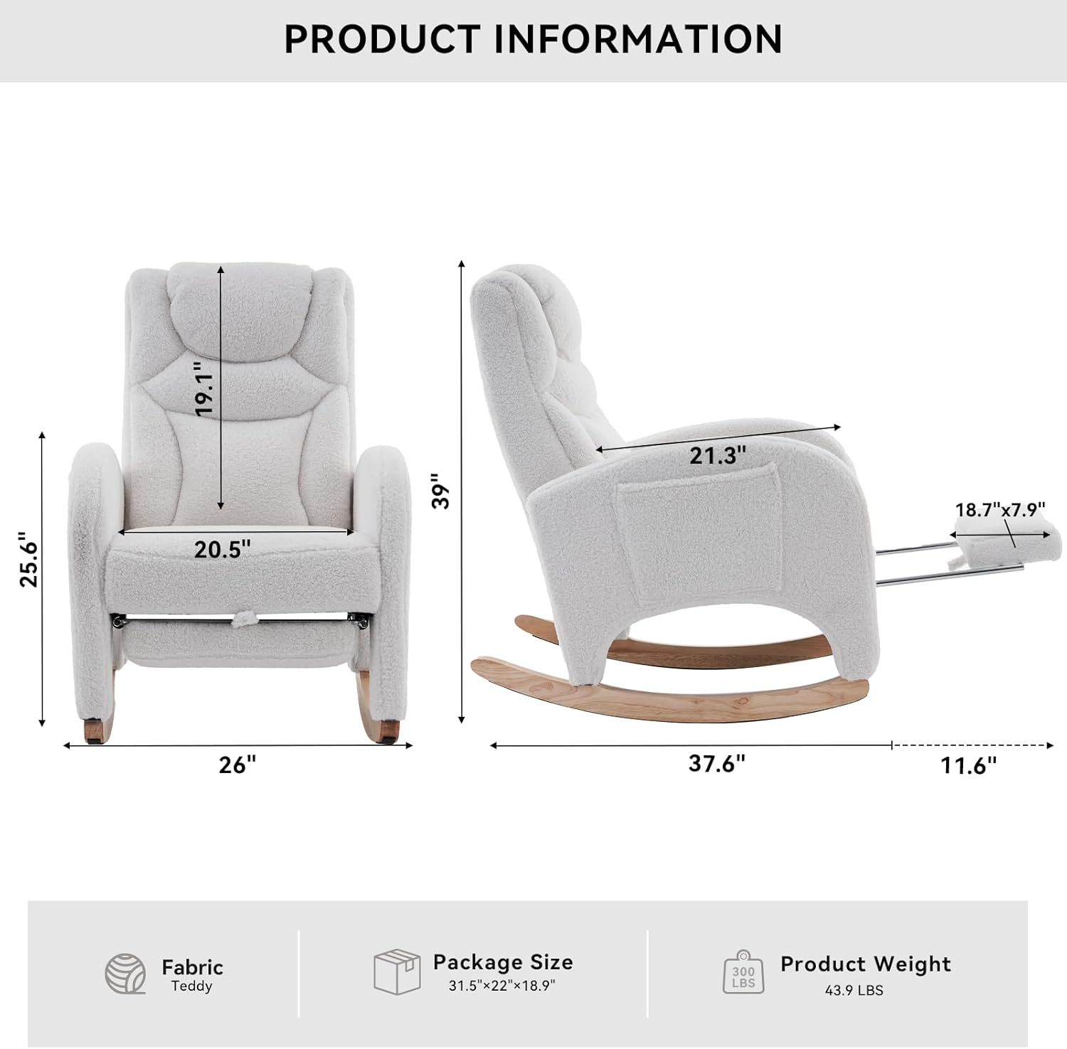 Rocking Chair Nursery, Modern Glider Chair with Adjustable Footrest and Solid Wood Legs, Teddy Ivory