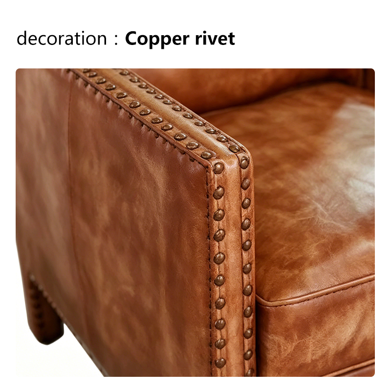 Top Grain Leather Armchair Featuring Wooden Frame and Rivet Accents
