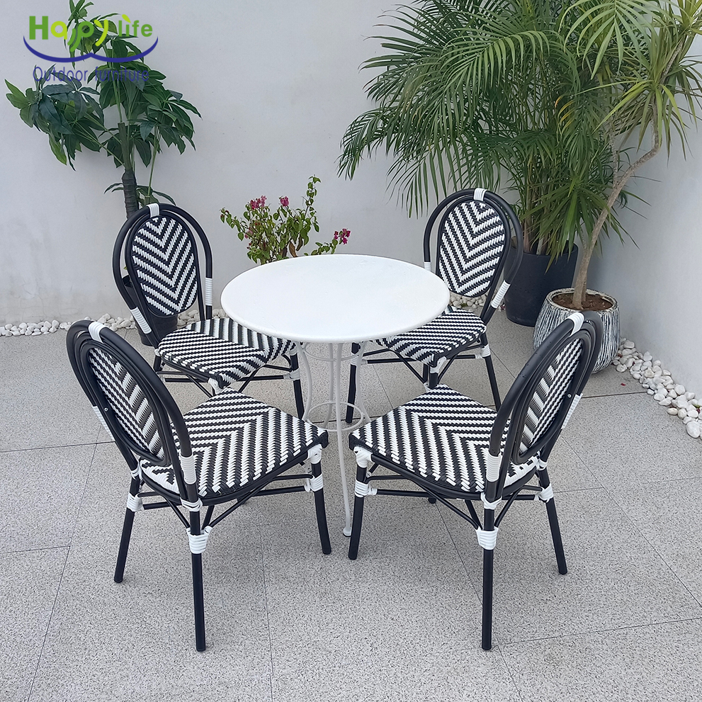 Happy Life Durable Metal French Bistro Restaurant Table Chair Set Stackable Rattan Design UV Protection for Outdoor Dining Park