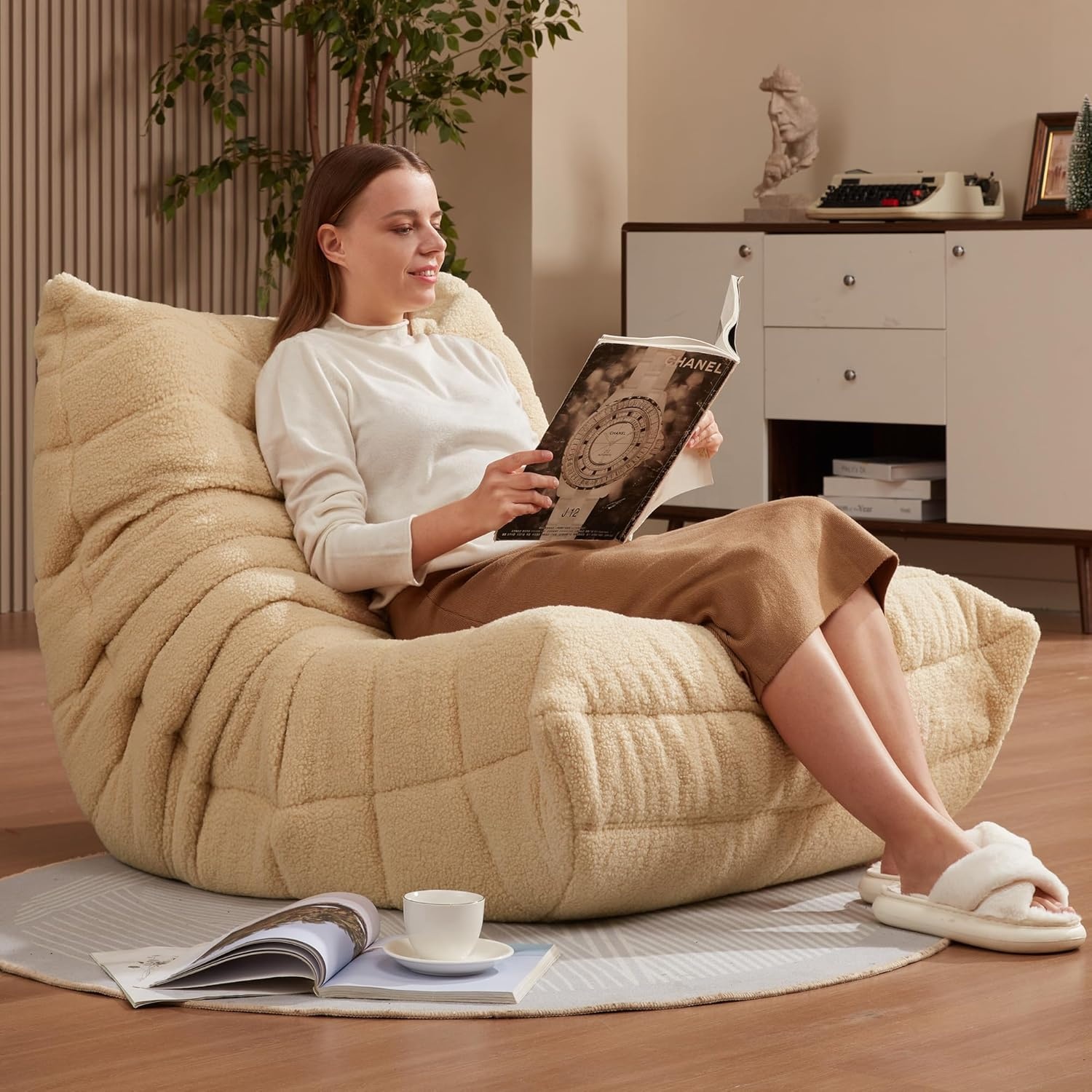 Modern L-Shaped Bean Bag Chair For Adults &amp; Teens High-Density Sponge Filled SnowVelvet Fabric Living Room Use
