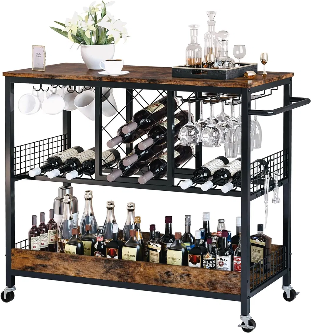 Elegant Vintage Brown Bar Cart with Wine Storage and Glass Holders