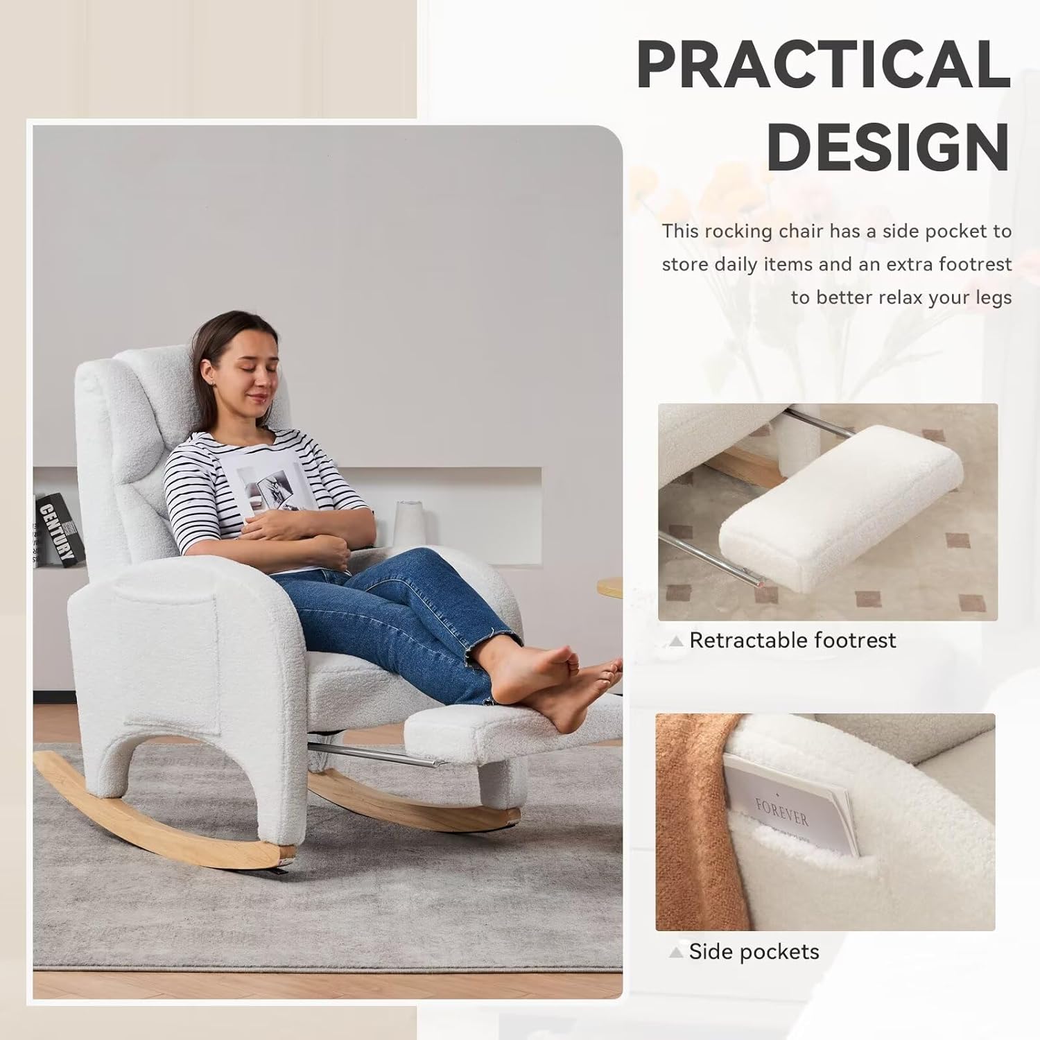 Rocking Chair Nursery, Modern Glider Chair with Adjustable Footrest and Solid Wood Legs, Teddy Ivory