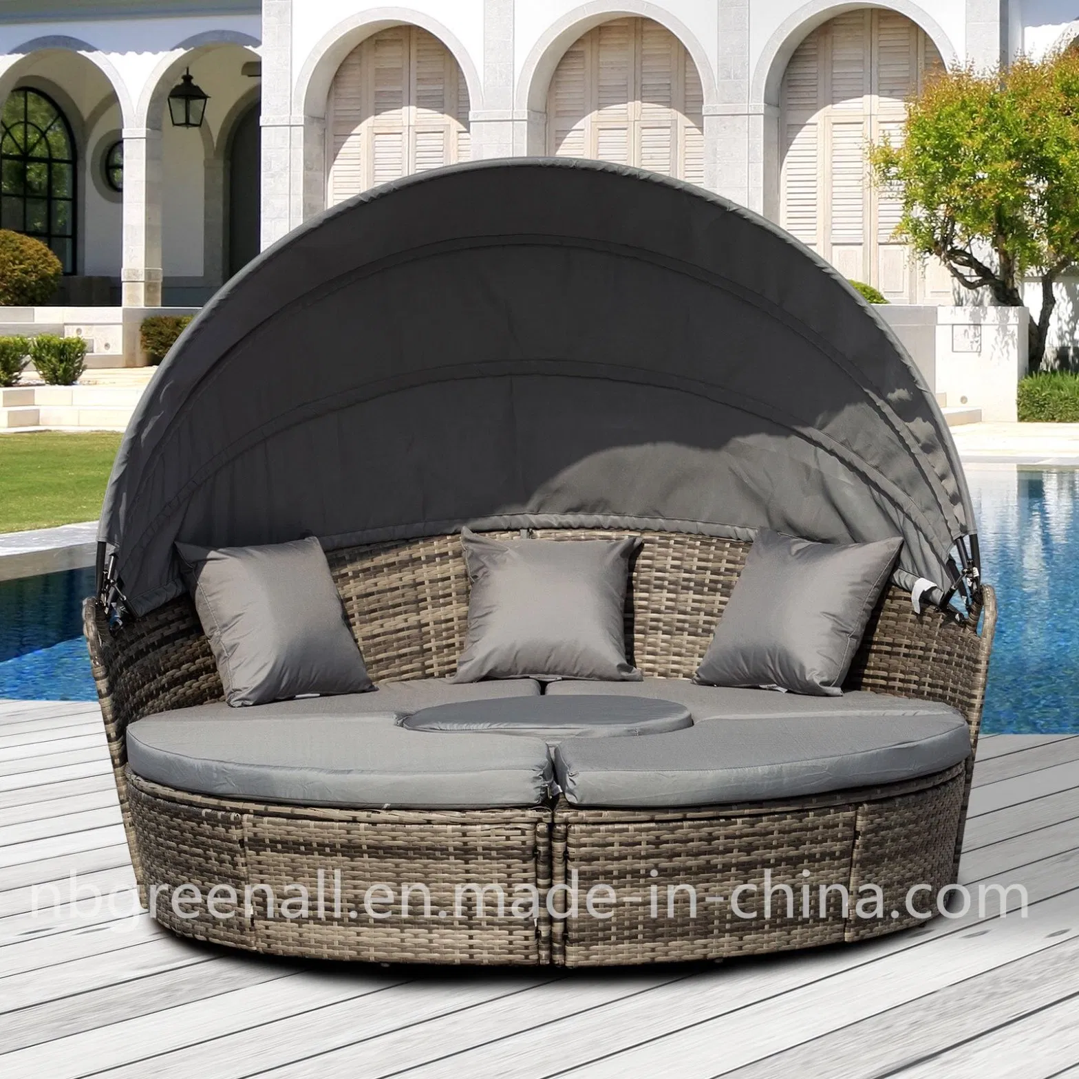 Outdoor Patio Garden Rattan Sun Lounger Day Bed with Canopy