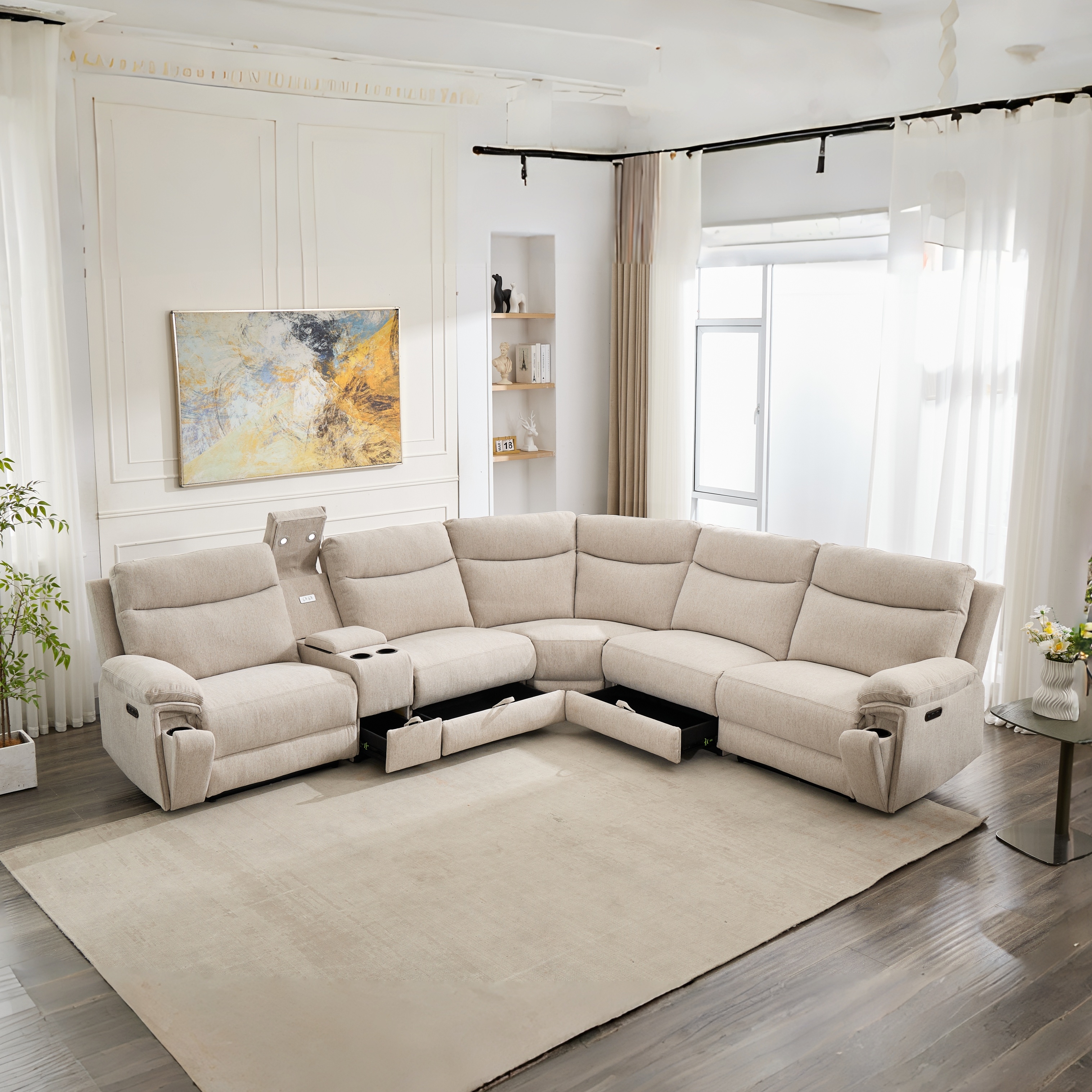 HOMERS Power Recliner Corner Sofa Chenille Fabric L-Shape Electric Sectional Couch with Bluetooth Speaker for Living Room Sofas