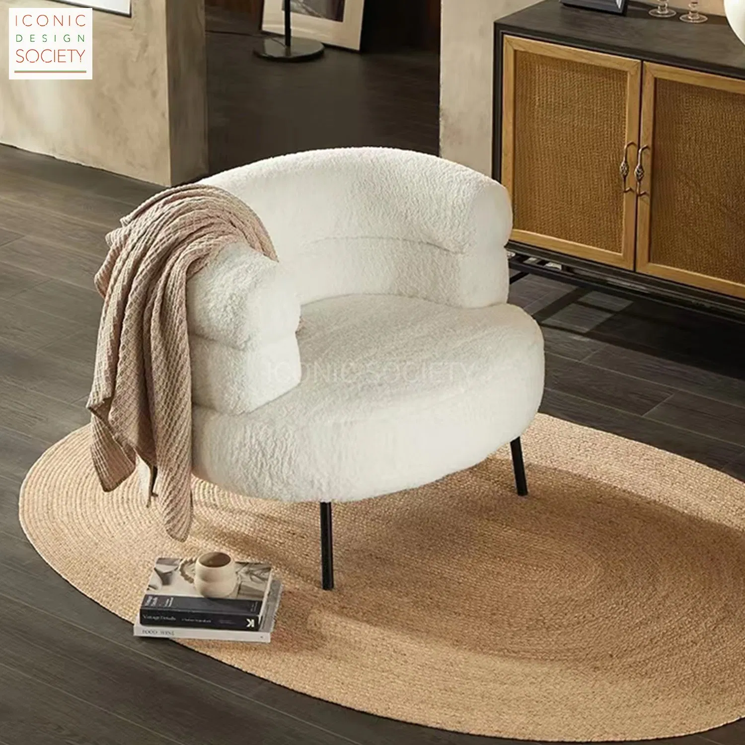 Modern Living Room Furniture Restaurant Cozy Office Armchair Fluffy Soft Woolen Metal Iron Frame Smooth Sherpa Accent Leisure Chair