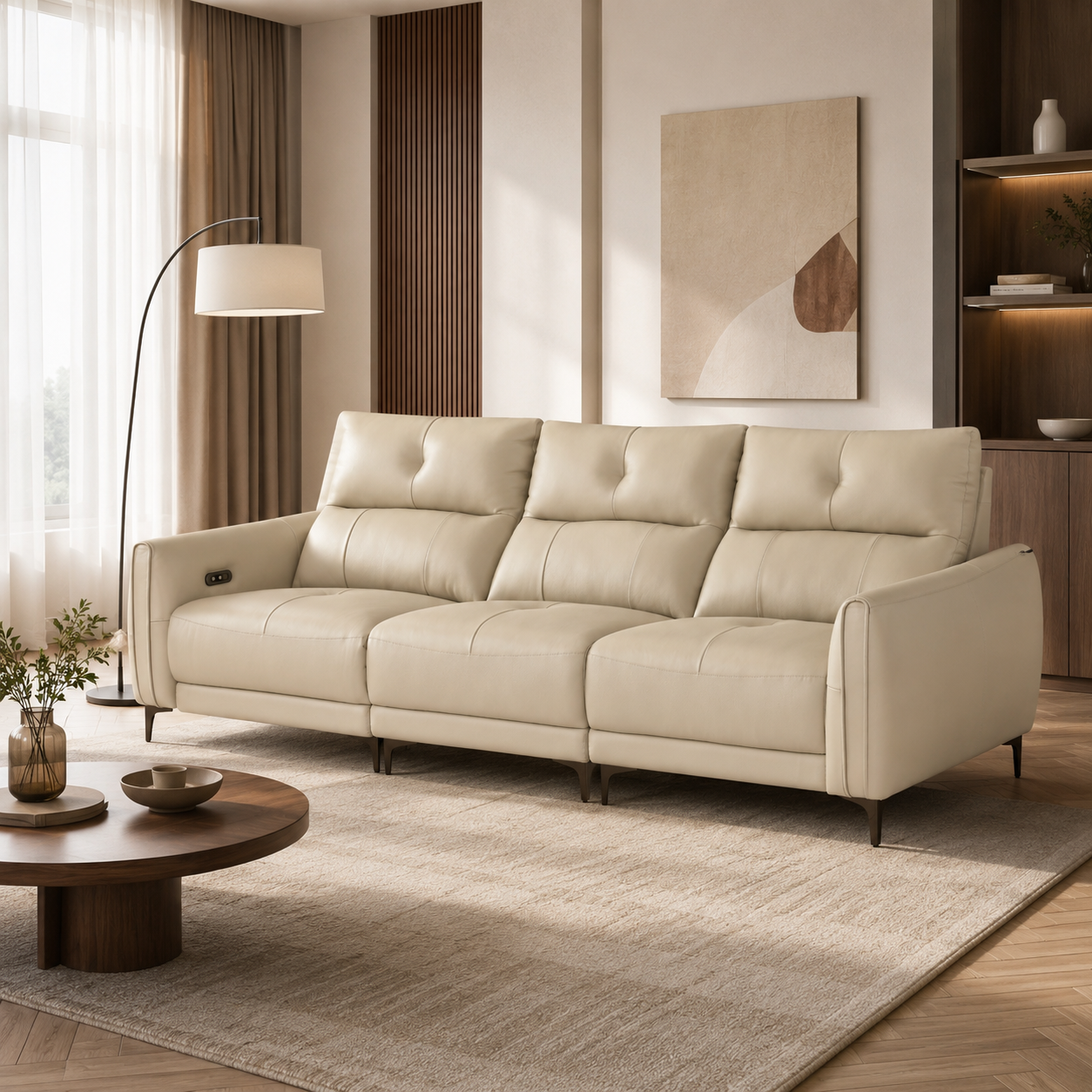 Modern Beige Genuine Leather Recliner Sofa with Adjustable Headrests for Living Room