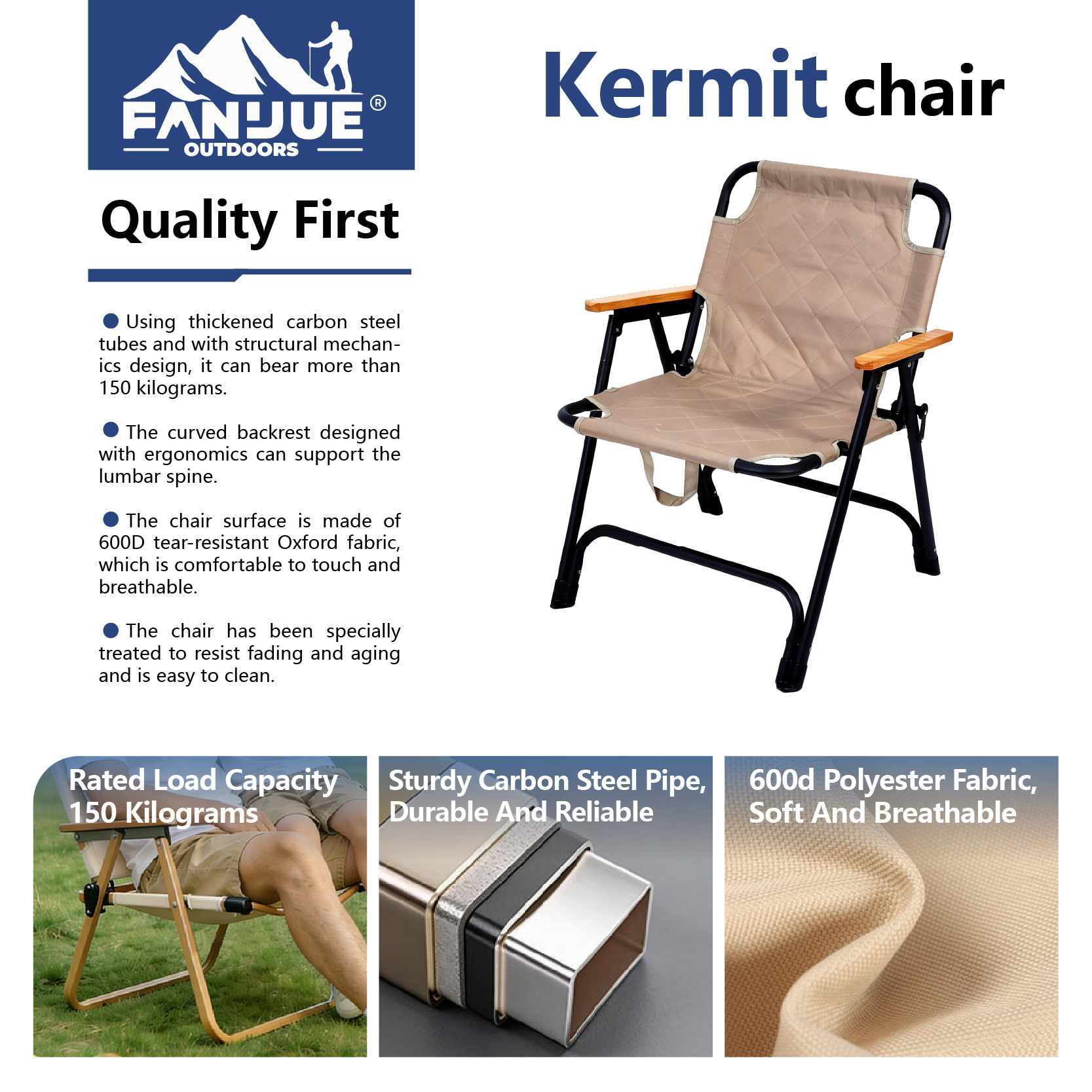 Kermit Reclining Lounge Chair 3 Position Adjustable Backrest Solid Wood Iron Heavy Duty Foldable Glamping Patio Travelling Park