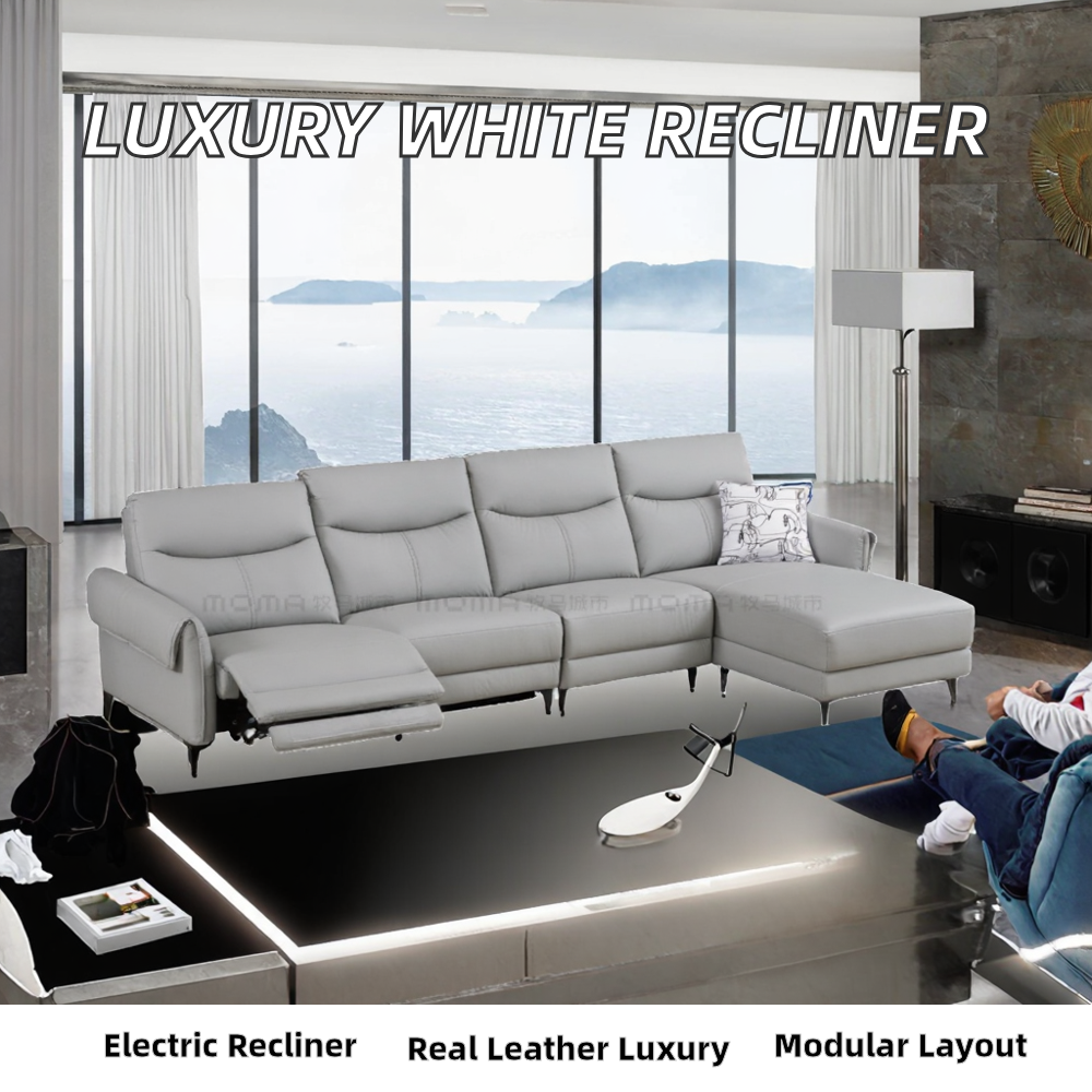 Modern Design Genuine Leather Three Seat Electric Recliner Modular Sofa Adjustable Back Arms Metal Frame for Living Room Set