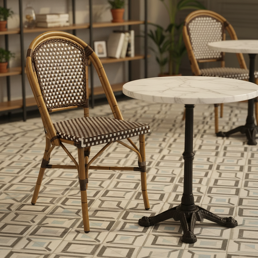Wholesale Outdoor Patio Garden Aluminum Bamboo Frame PE Rattan Table and Chairs French Cafe Bistro Restaurant Furniture