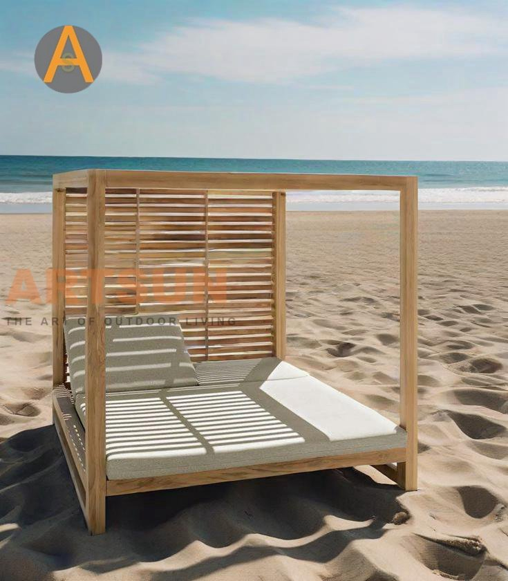 Teak Wood Durable Guaranteed Daybed Weather Resistant Double Size Outdoor Sunbed Beach &amp; Pool Relaxation Furniture for Hotel Resort Villa