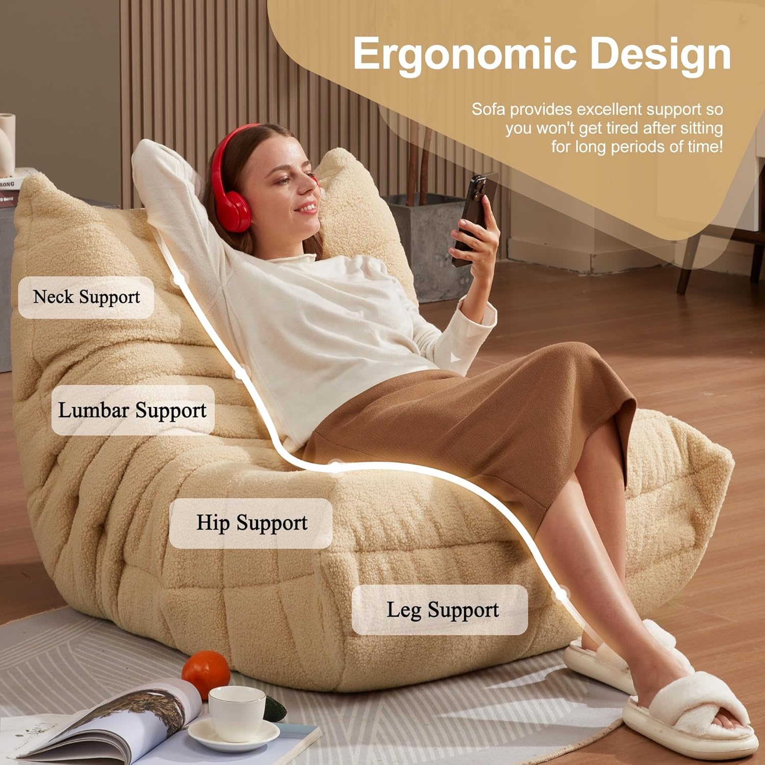 Modern L-Shaped Bean Bag Chair For Adults &amp; Teens High-Density Sponge Filled SnowVelvet Fabric Living Room Use