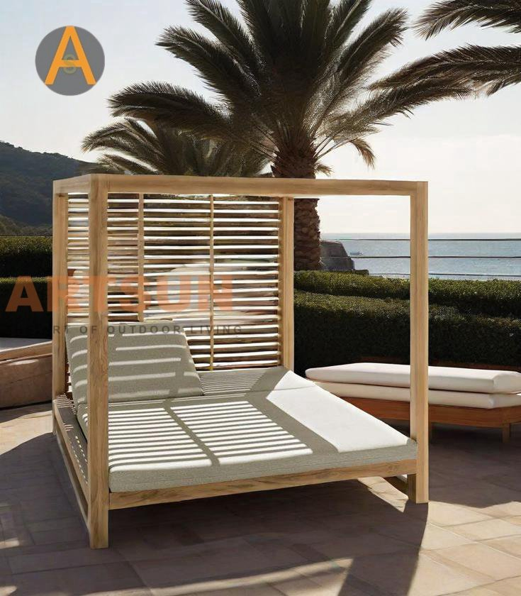Teak Wood Durable Guaranteed Daybed Weather Resistant Double Size Outdoor Sunbed Beach &amp; Pool Relaxation Furniture for Hotel Resort Villa