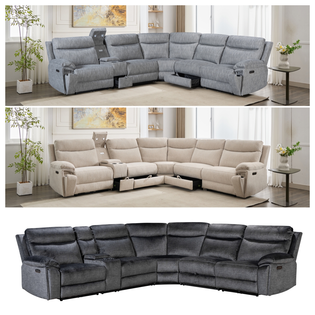 HOMERS Power Recliner Corner Sofa Chenille Fabric L-Shape Electric Sectional Couch with Bluetooth Speaker for Living Room Sofas