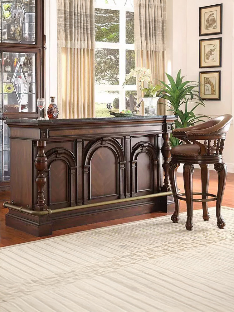 American &amp; European Vintage Style Solid Wood Bar Table with Marble Top for Home Living Room Island Counter Front Desk Reception