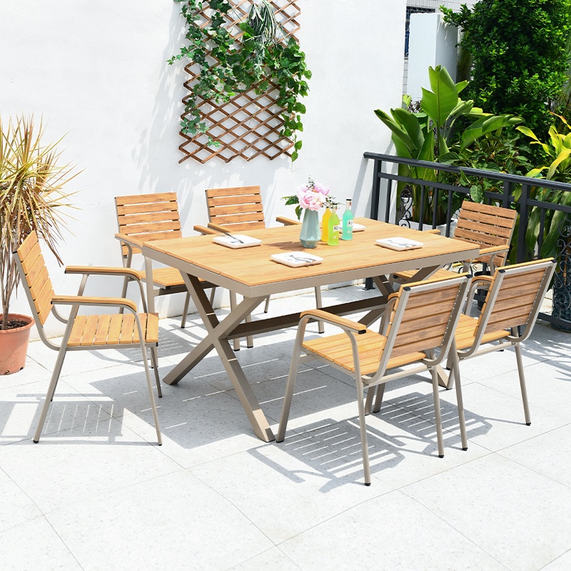 High Quality Modern Outdoor Dining Furniture Aluminum Frame Plastic Wood Bistro Bar Garden Leisure Table Chair 6-Person Set
