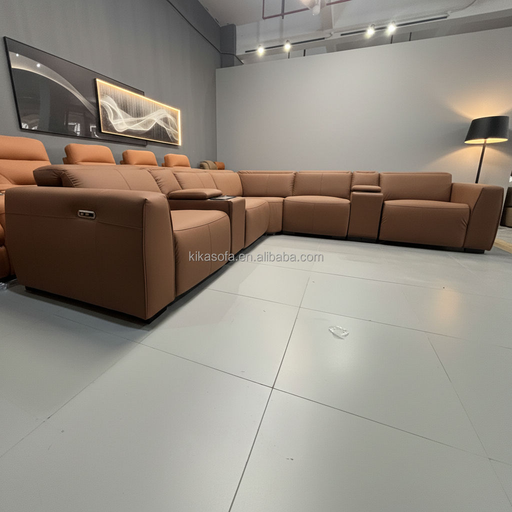 L Shape Modular Genuine Leather Modern Sectional Recliner Motion Sofa Set with Extendable Massage Feature Apartment Hotel Villa