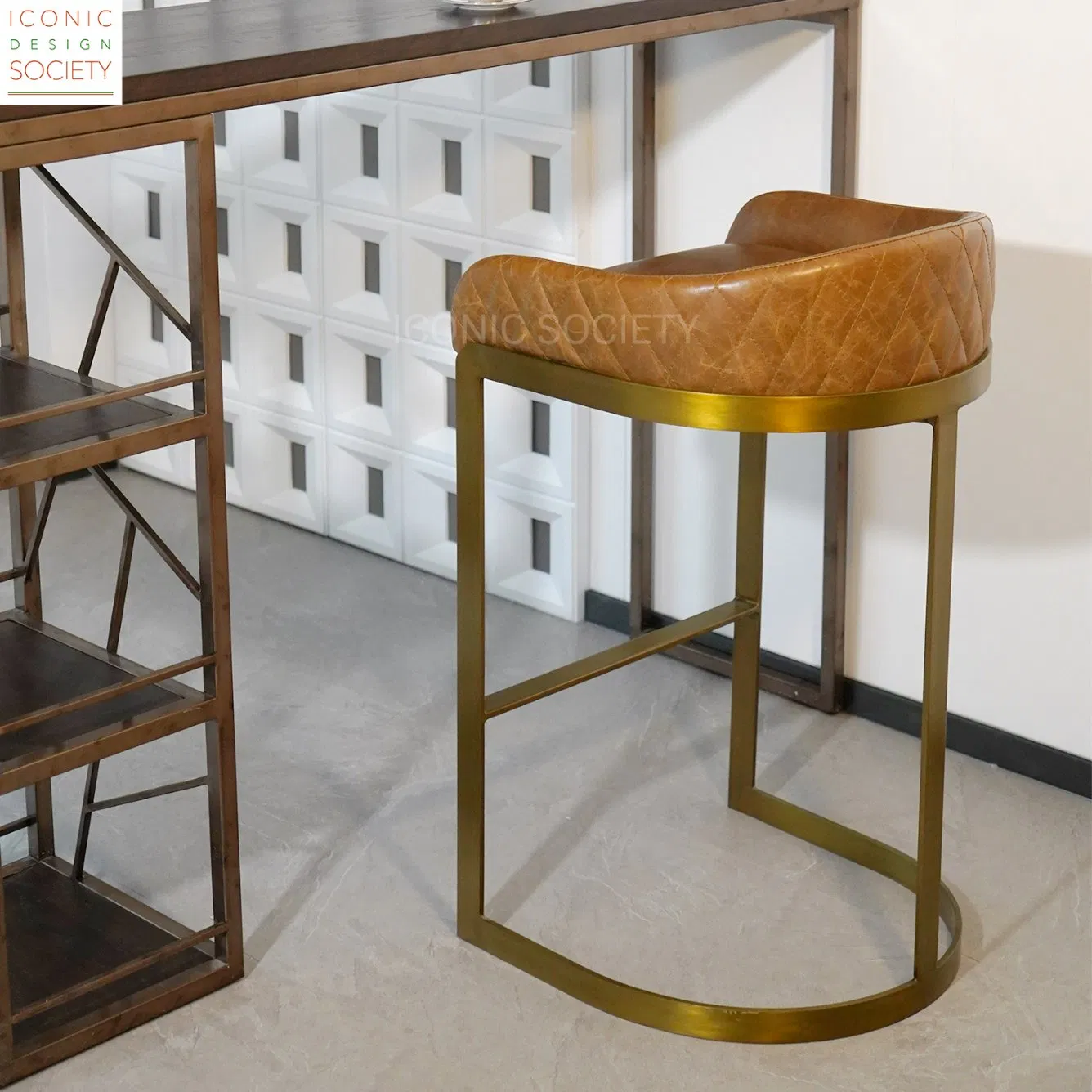 Industrial Club Pub Hotel Furniture Metal Low Back Foshan Iron Genuine Leather Counter Bar Stool