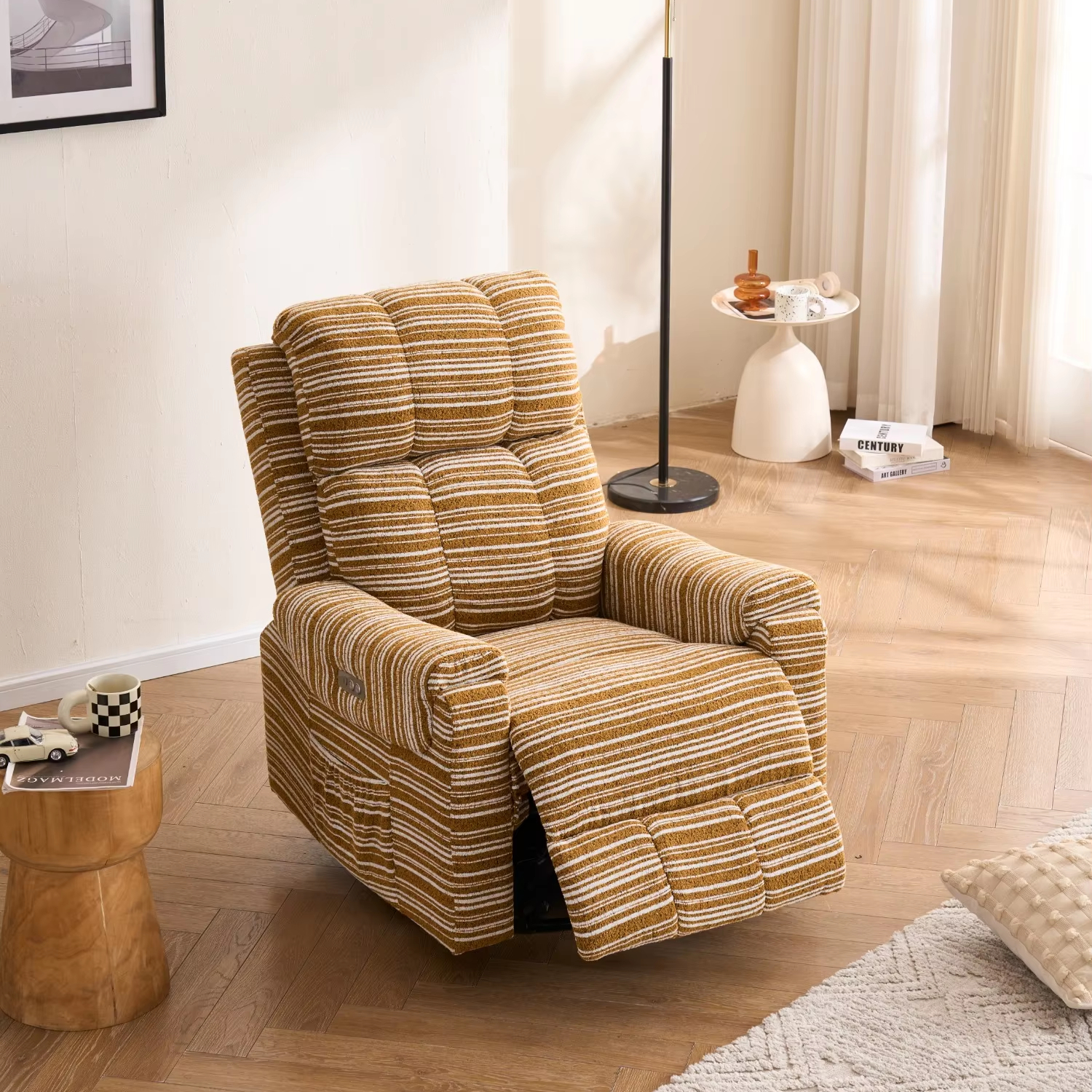 Modern European Manual Recliner Sofa Single Swing Glider Chair with Fabric Interior and Metal Frame Adjustable Height