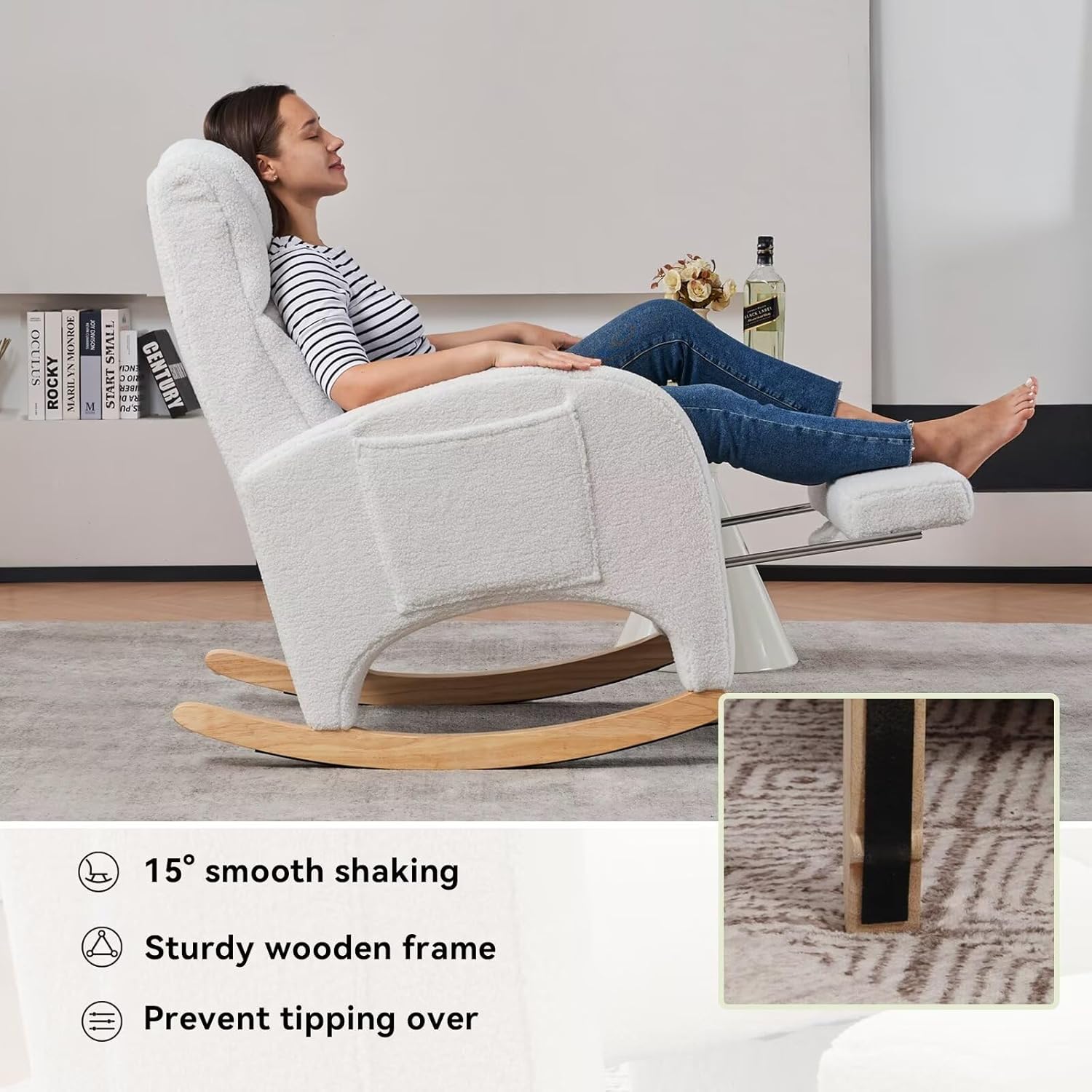 Rocking Chair Nursery, Modern Glider Chair with Adjustable Footrest and Solid Wood Legs, Teddy Ivory