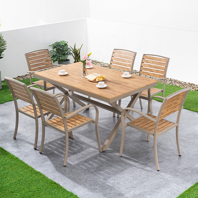 High Quality Modern Outdoor Dining Furniture Aluminum Frame Plastic Wood Bistro Bar Garden Leisure Table Chair 6-Person Set
