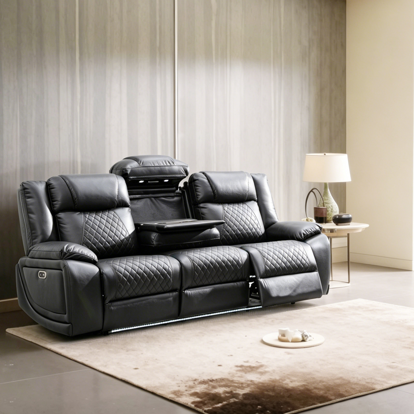 Home Theater Recliner Sofa LED Lights Cup Holder Dropdown Table Wireless Charger Reading Light 3-Seater Leather Ergonomic