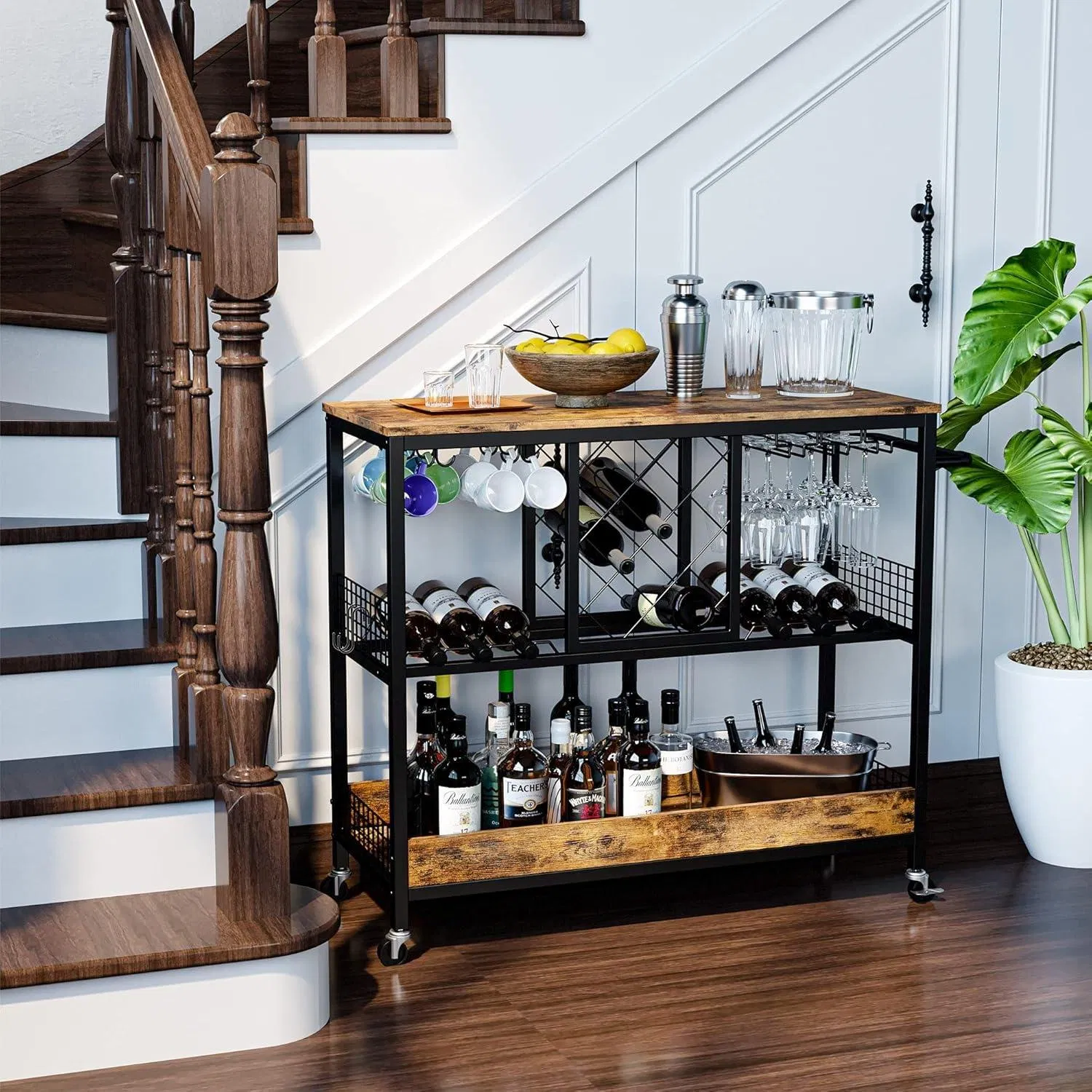 Elegant Vintage Brown Bar Cart with Wine Storage and Glass Holders