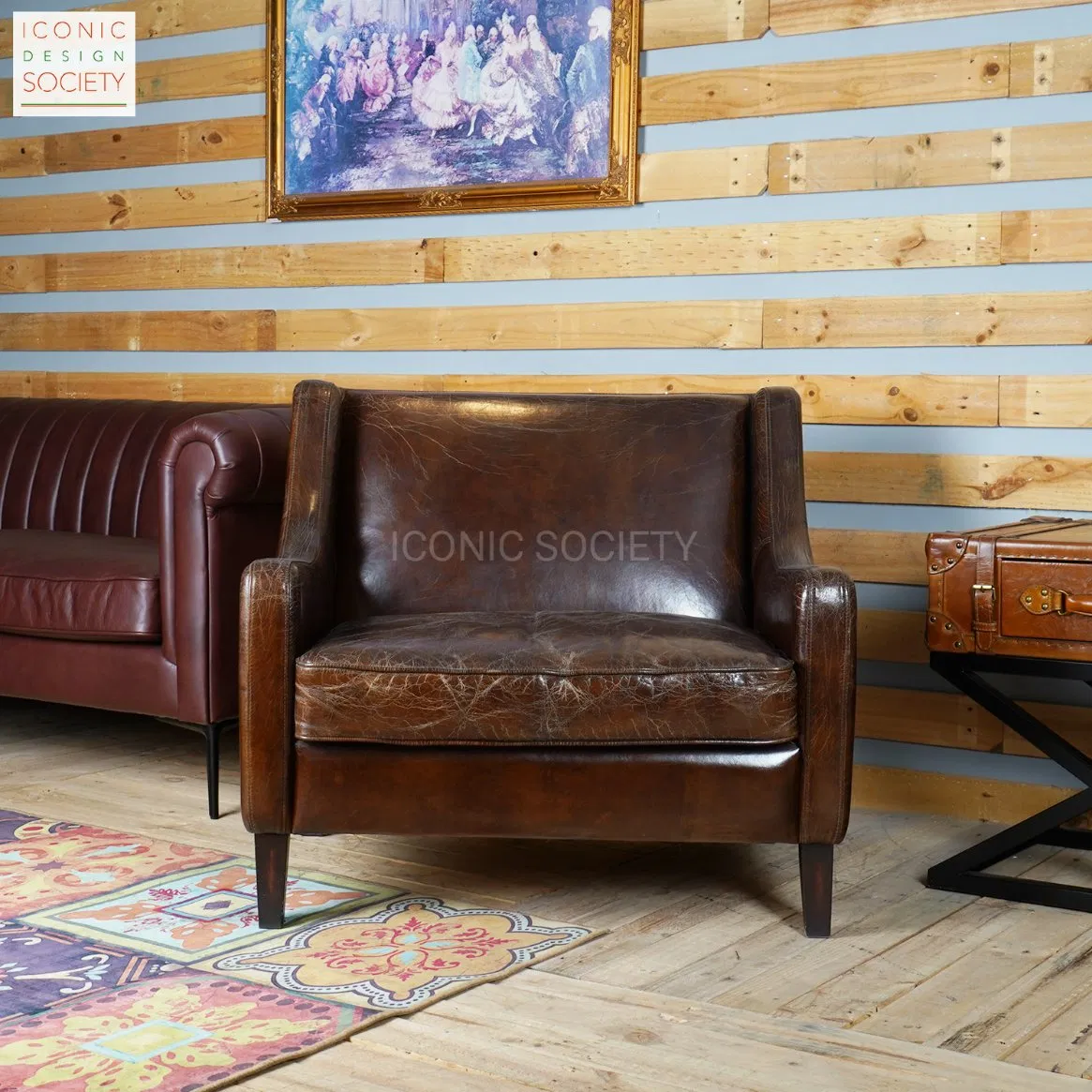 Modern Living Room Dining Home Club Furniture Leisure Vintage Visitorarm Leather Club Genuine Leather Accent Chair