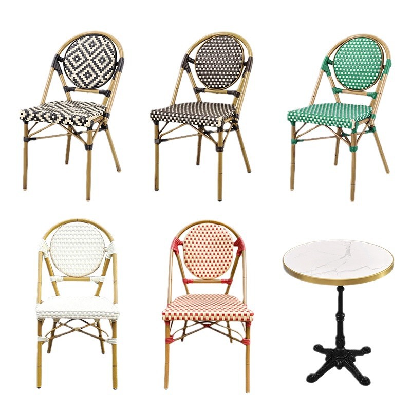 Wholesale Outdoor Patio Garden Aluminum Bamboo Frame PE Rattan Table and Chairs French Cafe Bistro Restaurant Furniture