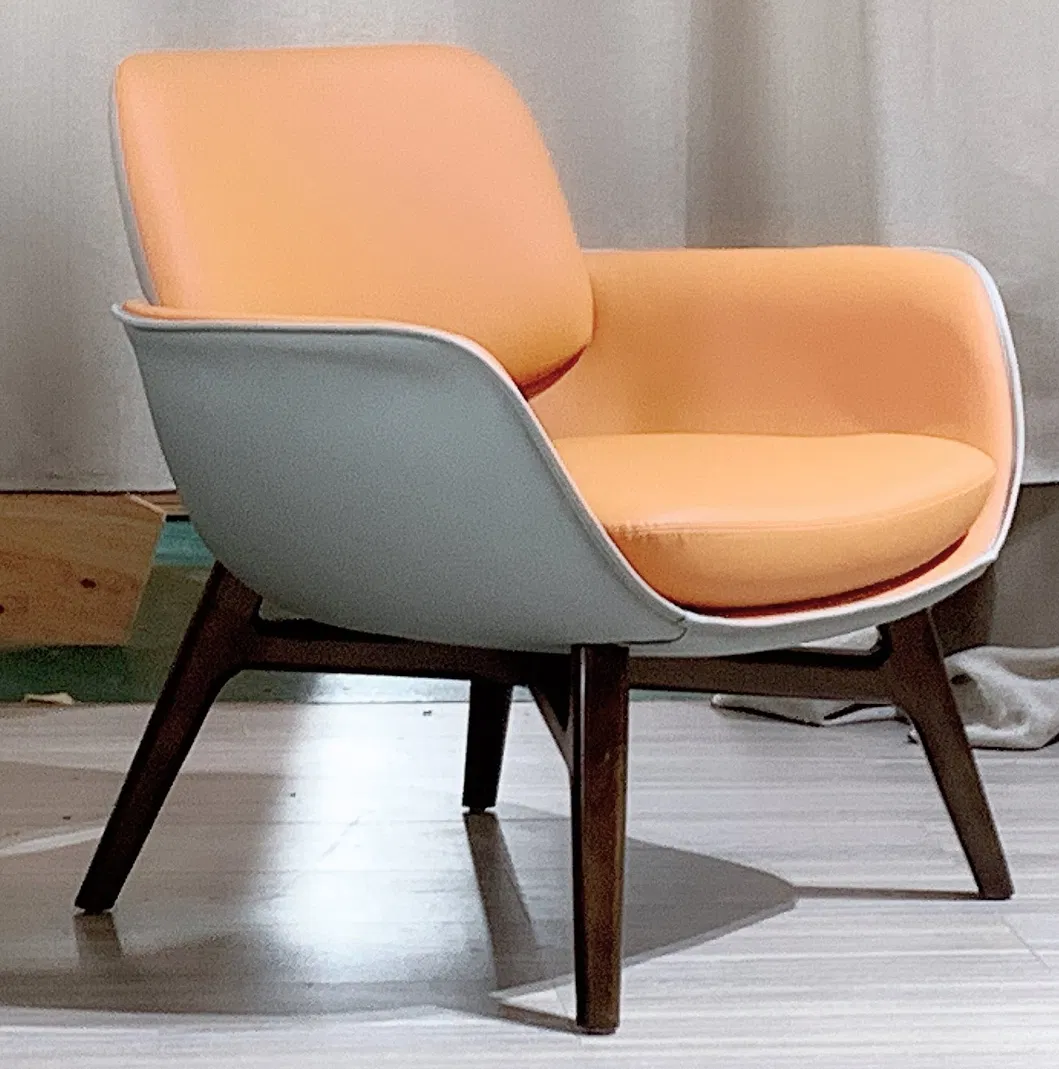 China Fiberglass Public Area Reception Accent Iconic Leather Chair with Solid Wood Base