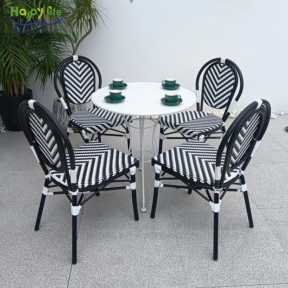 Happy Life Durable Metal French Bistro Restaurant Table Chair Set Stackable Rattan Design UV Protection for Outdoor Dining Park