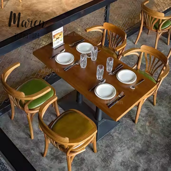 Wholesale Price Restaurant Table Chair Set Solid Wood Upholstered Retro Cafe Furniture for Bistro Coffee Shop Western Restaurant