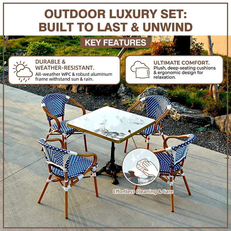 Modern French Marble Pattern Bistro Table Durable Stackable PE Rattan Garden Chairs Set for Commercial Furniture Home Bar