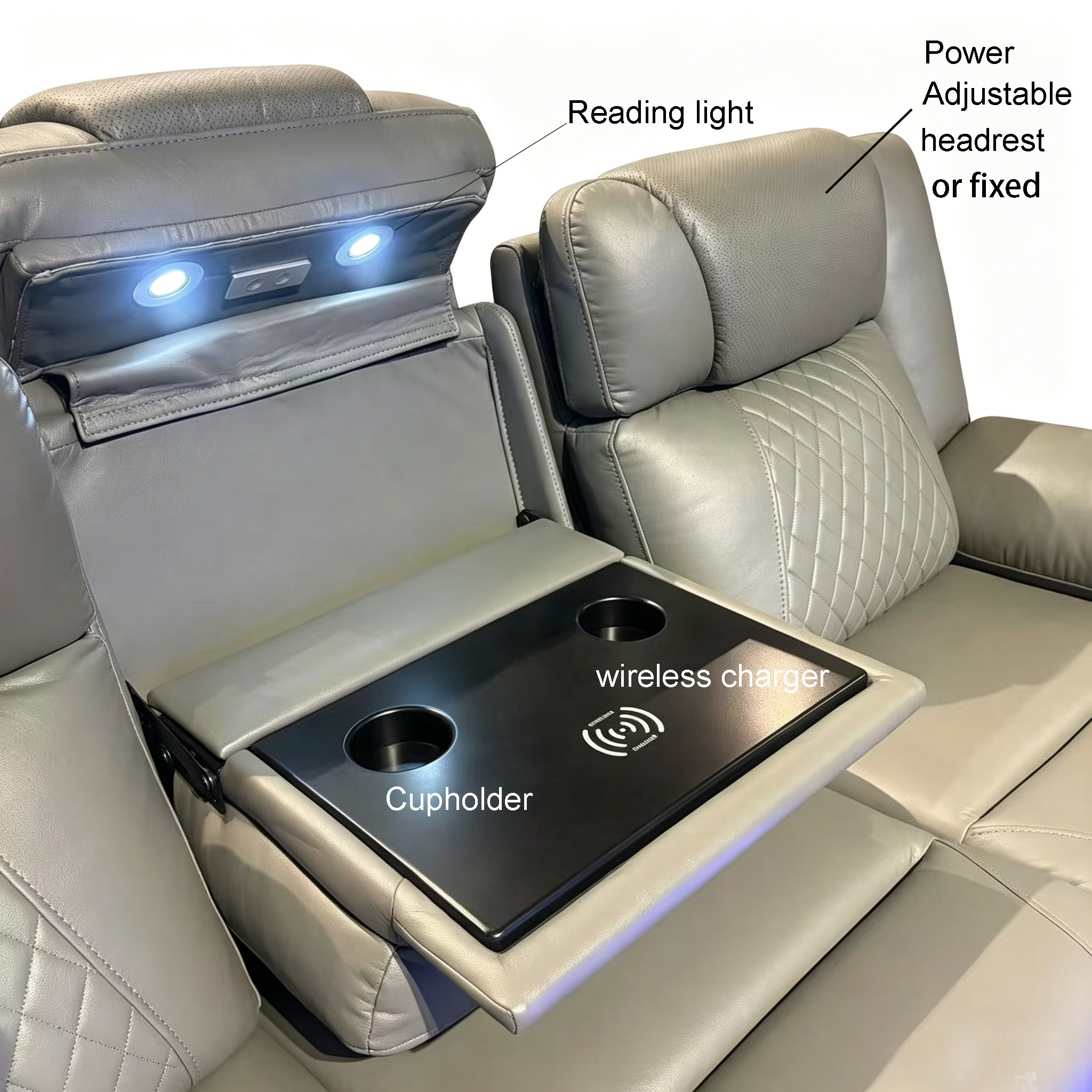 Home Theater Recliner Sofa LED Lights Cup Holder Dropdown Table Wireless Charger Reading Light 3-Seater Leather Ergonomic