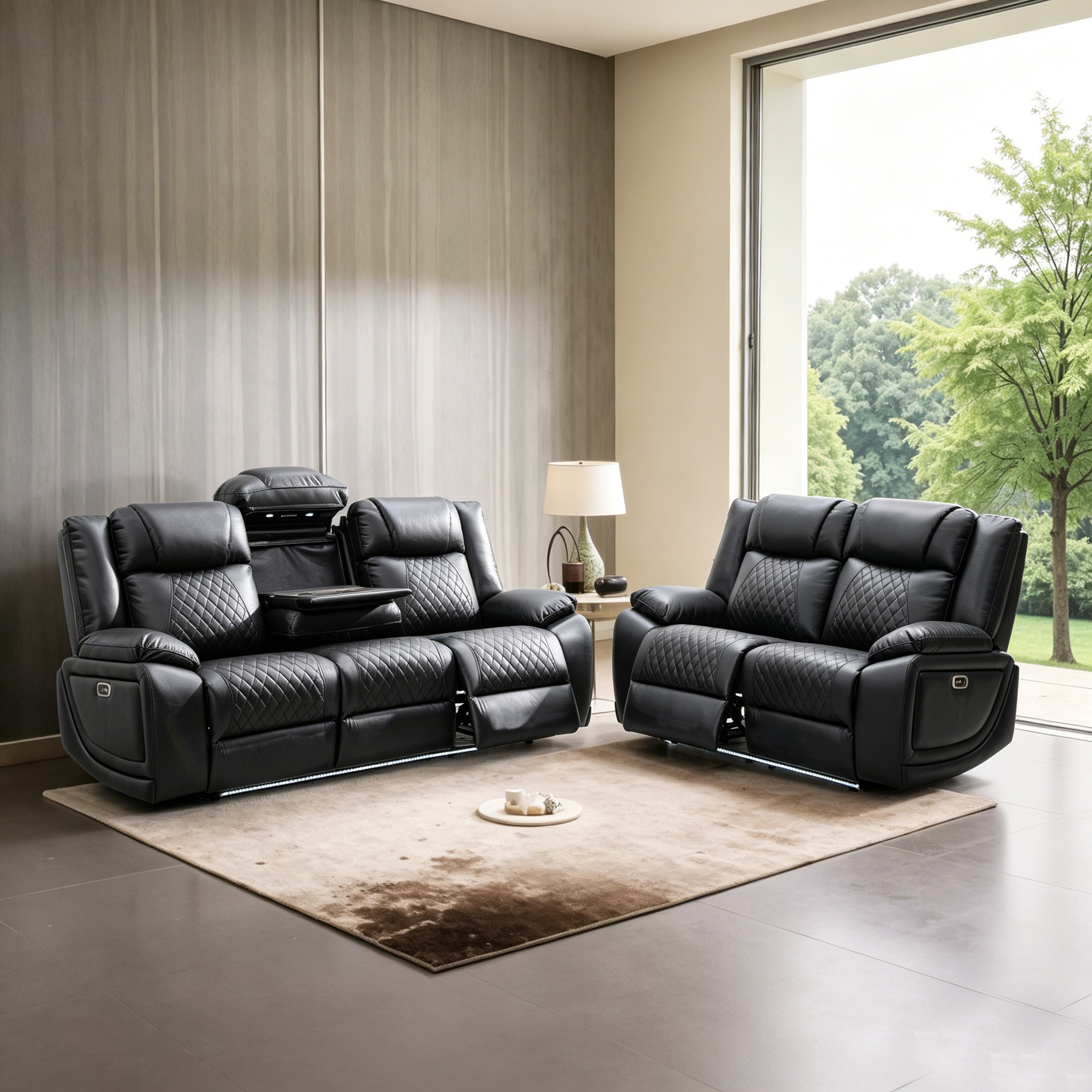 Home Theater Recliner Sofa LED Lights Cup Holder Dropdown Table Wireless Charger Reading Light 3-Seater Leather Ergonomic