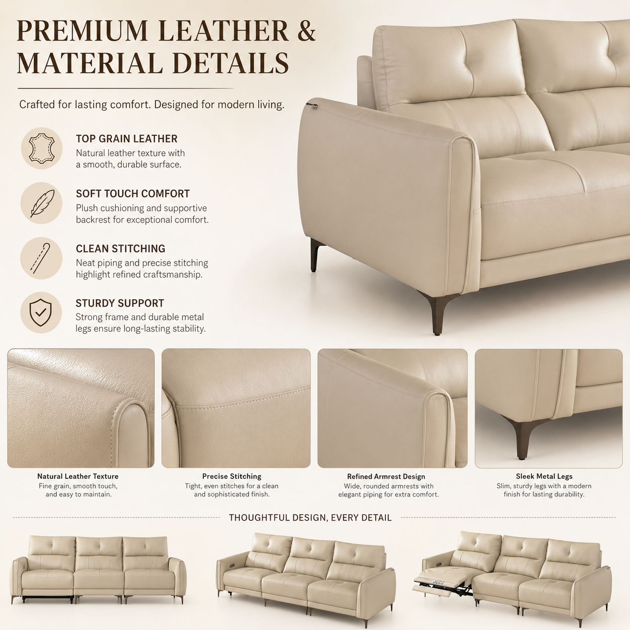 Modern Beige Genuine Leather Recliner Sofa with Adjustable Headrests for Living Room