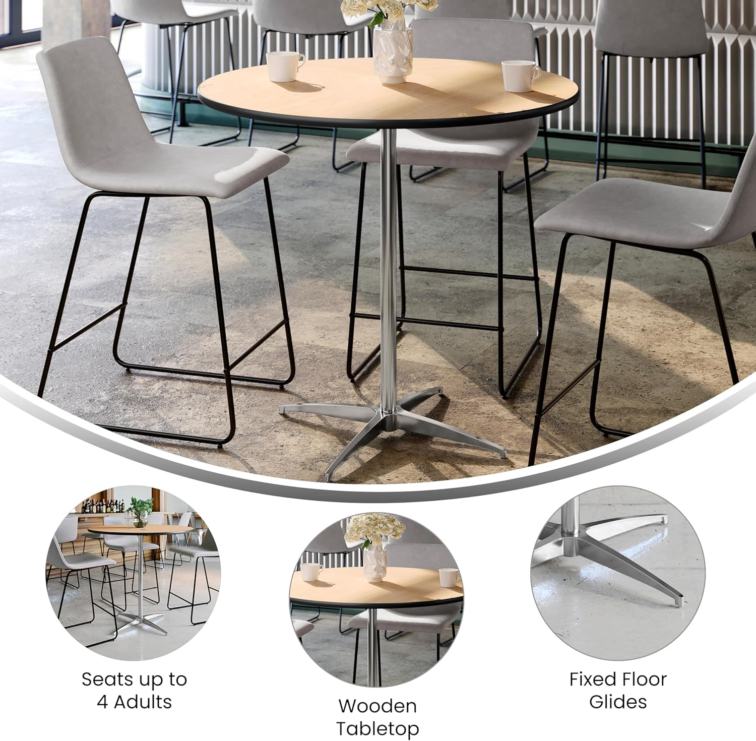 Modern Round Hotel Use MDF High Bar Table with Adjustable Height Silver Legs and Base for Indoor Night Club &amp; Cafe