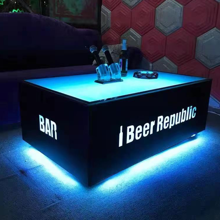 Custom Logo High Quality Bar Dance Nightclub Pub Illuminated Led Table Stainless Steel Tempered Glass Abyssal Mirror Table