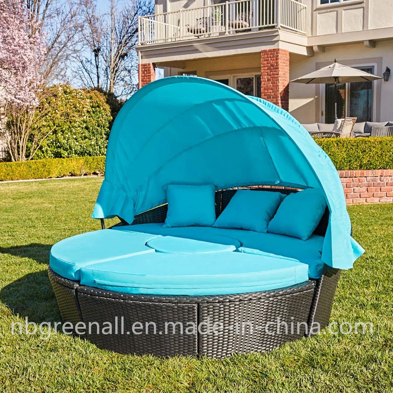 Outdoor Patio Garden Rattan Sun Lounger Day Bed with Canopy