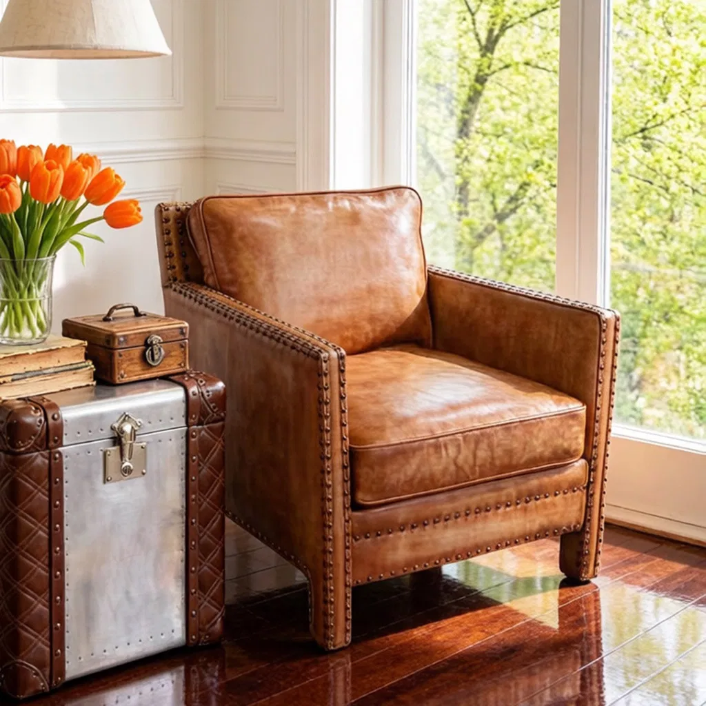 Top Grain Leather Armchair Featuring Wooden Frame and Rivet Accents