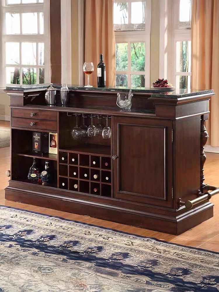 American &amp; European Vintage Style Solid Wood Bar Table with Marble Top for Home Living Room Island Counter Front Desk Reception