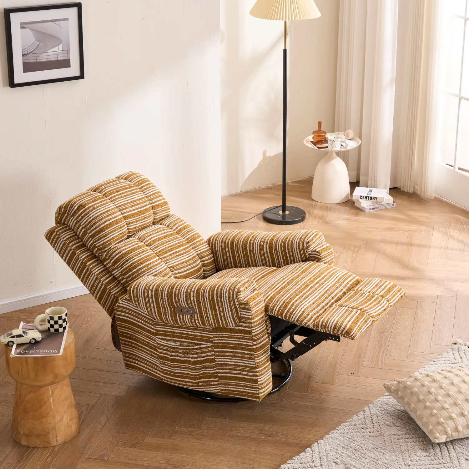 Modern European Manual Recliner Sofa Single Swing Glider Chair with Fabric Interior and Metal Frame Adjustable Height