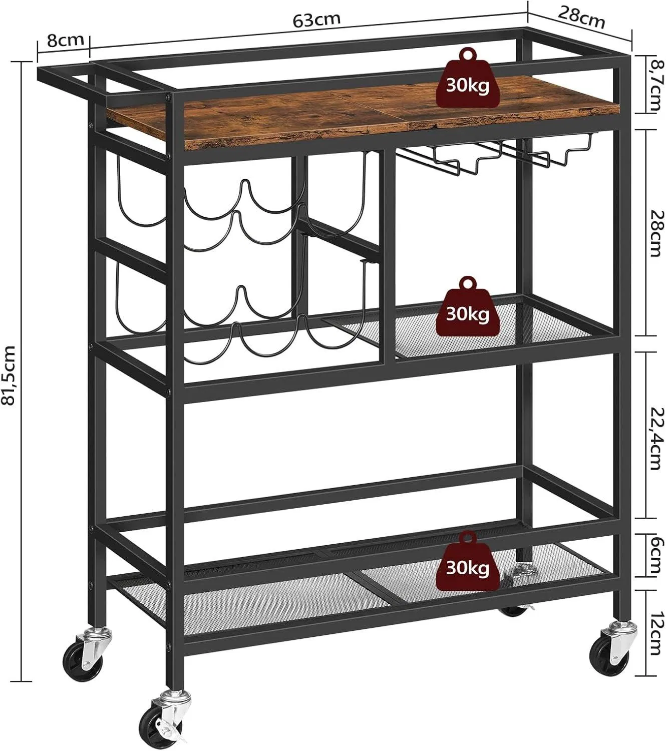 Elegant 3-Tier Rolling Bar Cart with Handles in Russet Brown