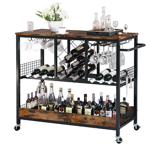 Elegant Vintage Brown Bar Cart with Wine Storage and Glass Holders