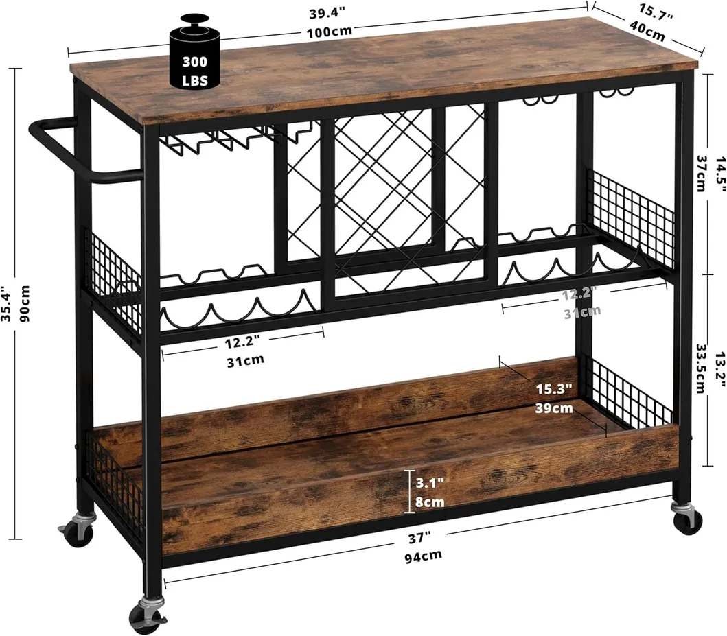 Elegant Vintage Brown Bar Cart with Wine Storage and Glass Holders