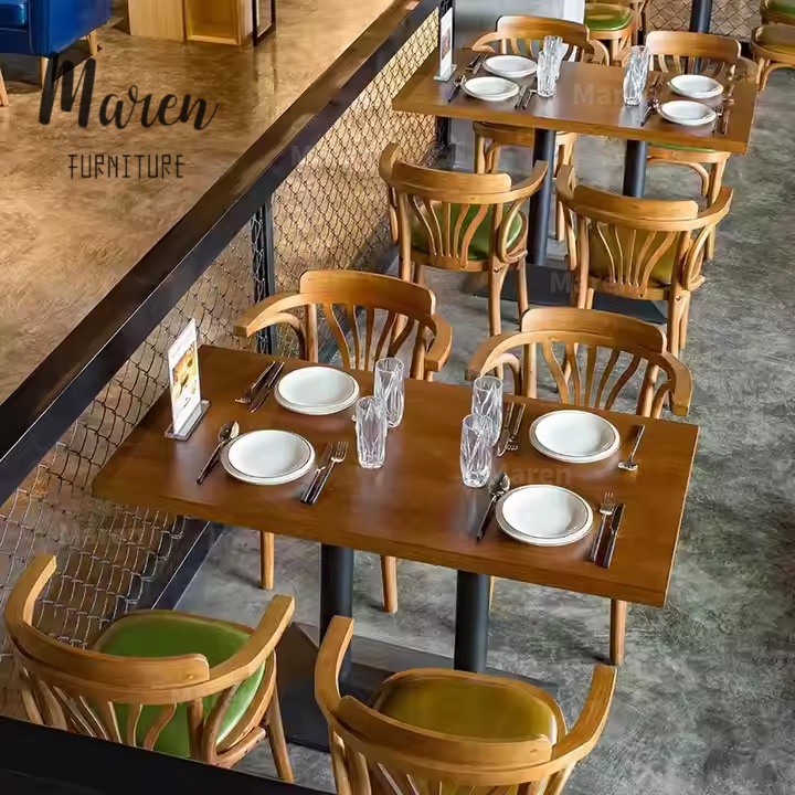Wholesale Price Restaurant Table Chair Set Solid Wood Upholstered Retro Cafe Furniture for Bistro Coffee Shop Western Restaurant