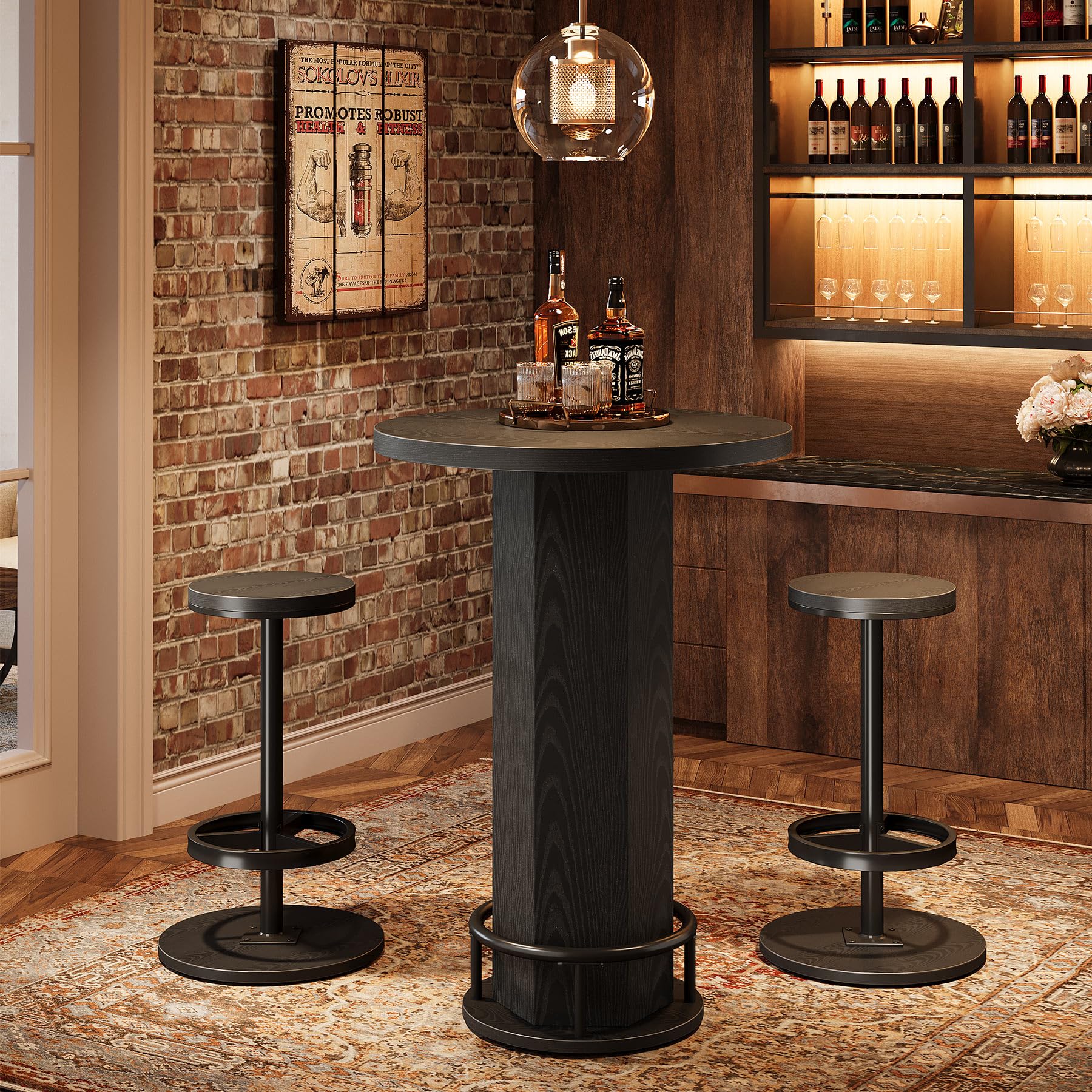 Tribesigns Round Bar Table with Chairs, Industrial Black Bistro Sets with 2 Barstools, Small Pub Table with Metal Ring Footrest