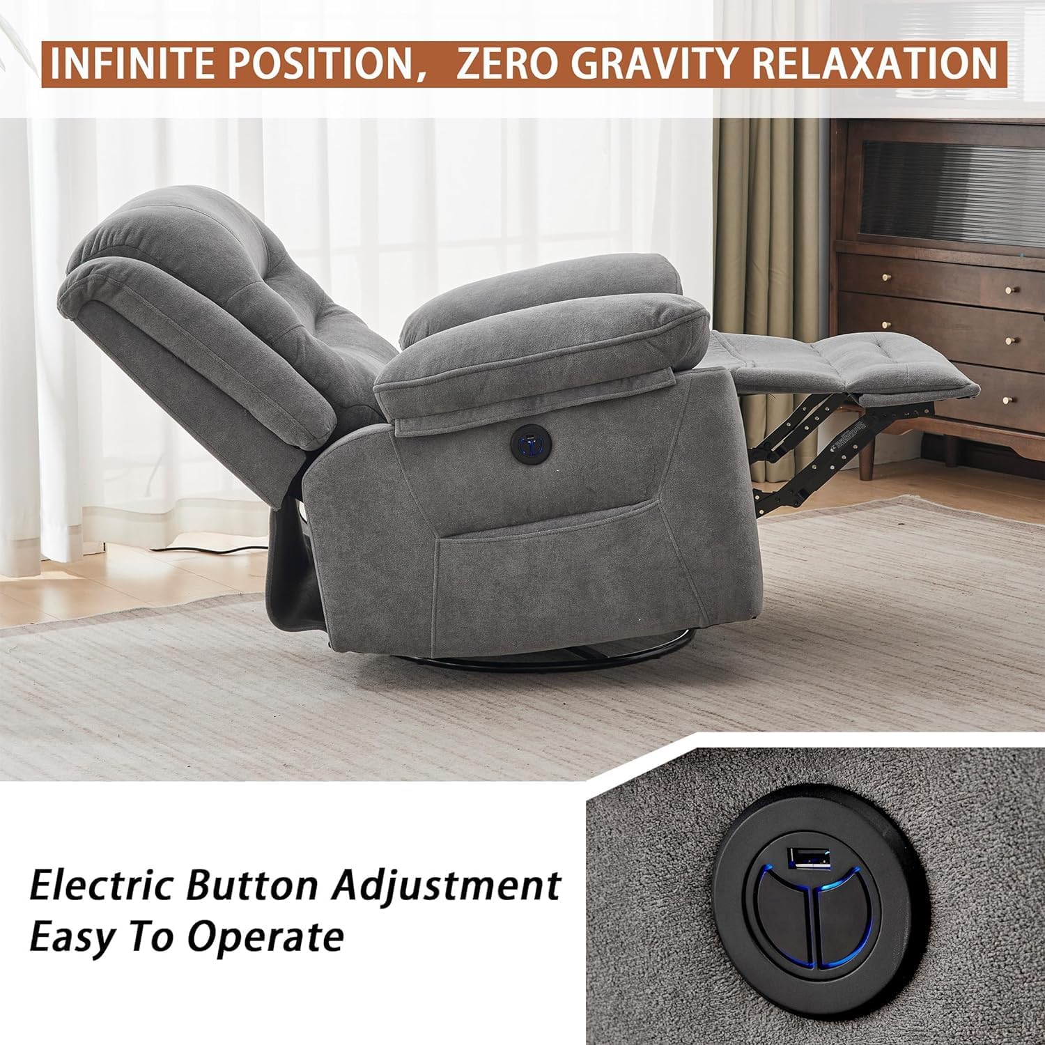 Ketaiyou Power Swivel Rocker Recliner USB Port Infinite Position Overstuffed Electric Glider Chair Living Room Soft Reclining