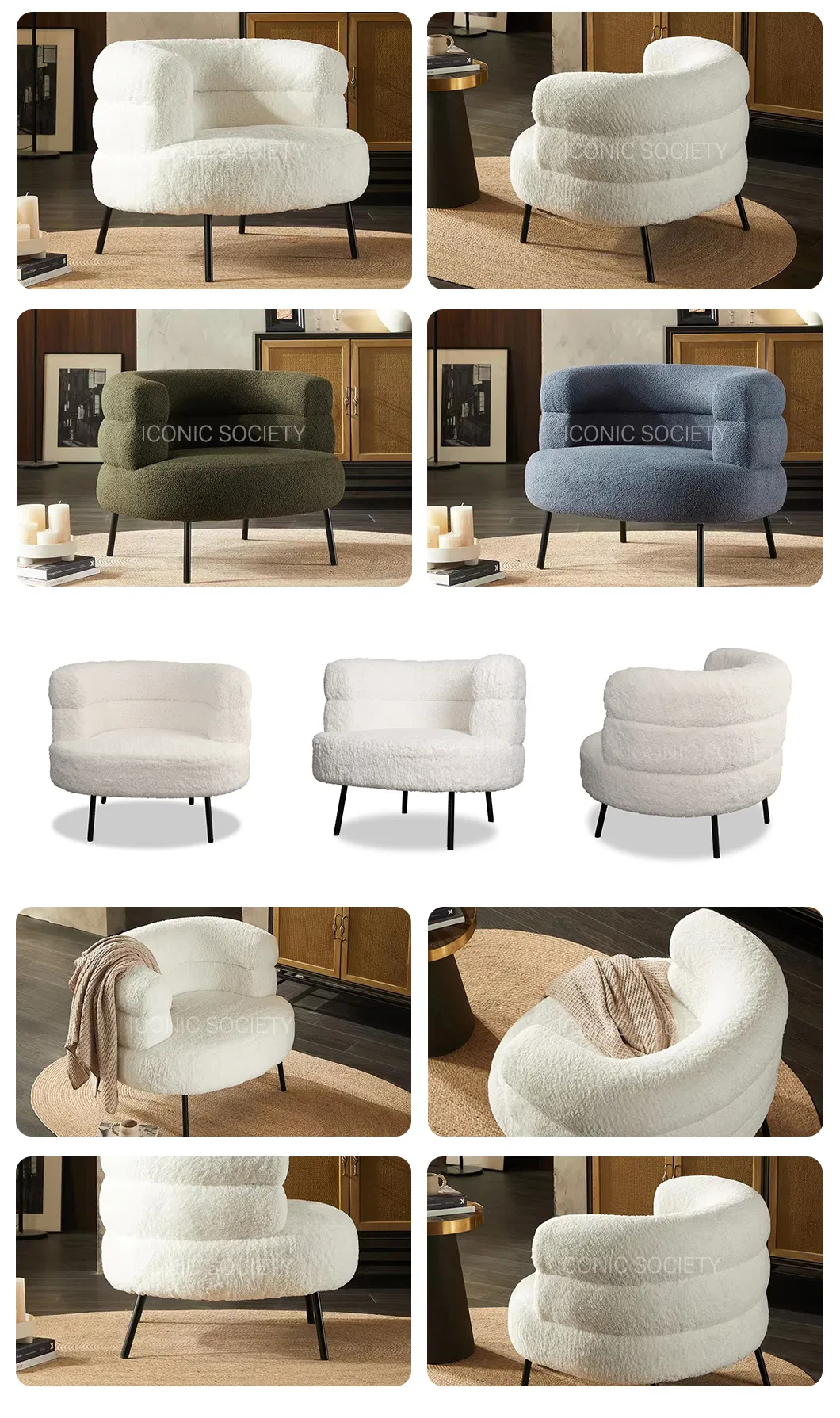 Modern Living Room Furniture Restaurant Cozy Office Armchair Fluffy Soft Woolen Metal Iron Frame Smooth Sherpa Accent Leisure Chair